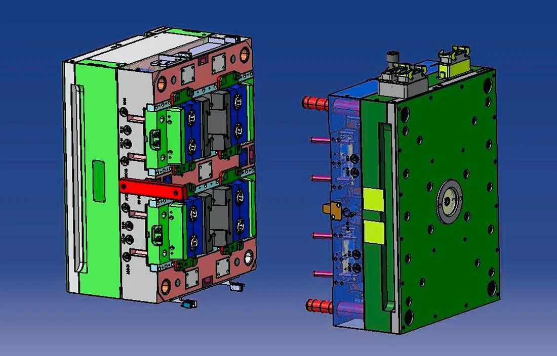 Green moulded components on a blue tooling fixture