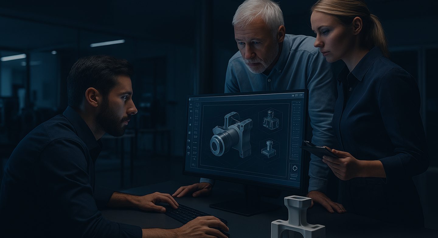 Engineers reviewing a CAD model on a dark engineering console